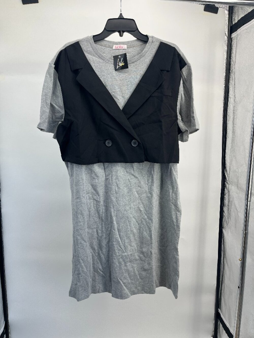 Women's Dress- La' Ros by Dressed in LALA Gray Midi with Black Blazer Attached